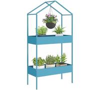 Outsunny - Estantería para plantas (2 niveles, soporte de plantas de metal con ganchillo, soporte para plantas en forma de casa, para jardín, patio, balcón, salón, azul y verde