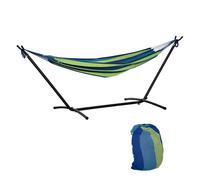 Outsunny Hamaca con Soporte 310x117 cm Hamaca de Camping con Bolsa de Transporte Portátil Altura Ajustable Carga 120 kg para Patio Terraza Rayas Verde y Azul