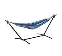 Outsunny Hamaca con Soporte 310x117 cm Hamaca de Camping con Bolsa de Transporte Portátil Altura Ajustable Carga 120 kg para Patio Terraza Rayas Azul y Blanco