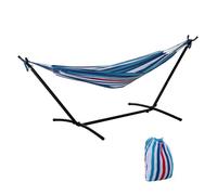 Outsunny Hamaca con Soporte 310x117 cm Hamaca de Camping con Bolsa de Transporte Portátil Altura Ajustable Carga 120 kg para Patio Terraza Rayas Azul y Blanco