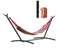 Outsunny Hamaca con Soporte de Acero Hamaca para Jardín Portátil con Altura Ajustable en 6 Niveles y Bolsa de Transporte para Patio Carga 120 kg 200x150 cm Multicolor