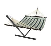 Outsunny hamaca con soporte, hamaca de jardín portátil con almohada desmontable, barras separadoras, marco de acero, carga 120 kg, para patio, terraza, diseño rayas, 353x94x115 cm, verde