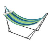 Outsunny Hamaca con Soporte Plegable 2 en 1 270x100x94 cm Azul y Verde | Tendedero con Barra, Estructura de Acero, Hamaca de Camping Portátil de Algodón, Carga 120 kg, para Jardín Patio Terraza