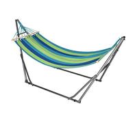 Outsunny hamaca con soporte plegable 2 en 1, tendedero con barra, estructura de acero, hamaca de camping portátil de algodón, carga 120 kg, para jardín, patio, terraza, 270x100x94 cm, azul y verde