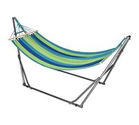 Outsunny Hamaca con Soporte Plegable 2 en 1, Tendedero con Barra, Estructura de Acero, Hamaca de Camping Portátil de Algodón, Carga 120 kg, para Jardín, Patio, Terraza, 270x100x94 cm, Azul y Verde
