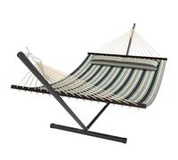 Outsunny Hamaca con Soporte Portátil Marco Acero 120kg 353x94x115 cm Verde | Hamaca de Jardín, Almohada Desmontable, Barras Separadoras, para Patio, Terraza, Diseño Rayas