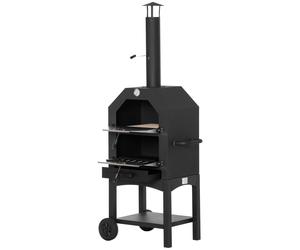 Outsunny Horno de Pizza a Leña Portátil con 2 Capas Exterior con Ruedas Cajón Estante de Almacenamiento 64x54x160 cm Negro Aosom España