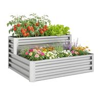 Outsunny Huerto Urbano de 2 Niveles Elevado 120x101x58 cm Plateado | Acero Galvanizado, Jardinera Exterior, Diseño de Escalera, Fondo Abierto, para Cultivos Plantas Herbaria, Terraza Jardín
