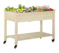 Outsunny Huerto Urbano de Madera con Estante y Ruedas, 118x55x83 cm Natural | Mesa de Cultivo con Tela Geotextil y Ruedas con Frenos, Portátil para Jardín o Terraza