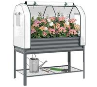 Outsunny Huerto Urbano Elevado con Cubierta de Invernadero de 140 g/m² PE, Mesa de Cultivo de Metal Galvanizado con Estante Inferior y Forro para Cultivo, Plantas y Flores, 120x55x140 cm, Gris Oscuro