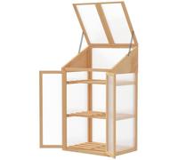 Outsunny Invernadero de Madera Invernadero de Jardín con 2 Puertas 3 Estantes Paneles de Policarbonato y Tapa Abatible para Cultivo Plantas en Huerto Patio 70x50x120 cm Natural