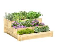 Outsunny Jardinera de Madera 3 Nivel Huerto Urbano 93x93x35 cm Natural | Arriate de Jardín, Diseño de Escalera, Tela no Tejida, Cultivos Plantas Flores, Terraza Jardín