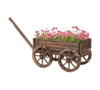Outsunny Jardinera de Madera Macetero Exterior en Forma de Carrito con 4 Ruedas y Mango para Balcón Jardín Patio 120x41x54 cm Carbonizado