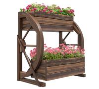 Outsunny Jardinera de Madera para Exterior de 2 Niveles, Huerto Elevado con 2 Macetas y Ruedas de Carreta Estilo Campestre, 55x32x56cm