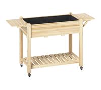 Outsunny Jardinera Elevada con Ruedas Repisas Plegables y Estante 145x52x86 cm Sistema de Drenaje y Estructura de Madera Natural