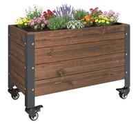 Outsunny Jardinera Exterior de Madera con Ruedas, Huerto Urbano Elevado con Orificio de Drenaje y Tela no Tejida, Macetero Exterior Rectangular para Jardín, Terraza, 60x30x41 cm, Marrón Oscuro