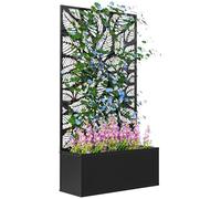 Outsunny Jardinera Exterior Grande de Metal con Pantalla de Privacidad de Hojas Decorativas, Jardinera de Pared o Independiente para Patio Terraza, 61x23x113 cm, Negro