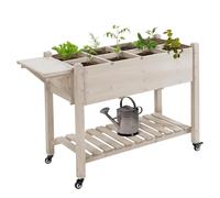 Outsunny - Jardinera sobre ruedas, estante abatible, insertos de riego, fieltro de drenaje incluido, madera de abeto pre-engrasado, dim. 123 x 54 x 87 cm