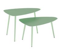 Outsunny Juego de 2 mesas bajas de jardín, mesas auxiliares nido triangulares, estructura de acero con patas ajustables verde claro