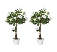 Outsunny juego de 2 plantas artificiales rosas artificiales con 21 flores y maceta de cemento plantas sintéticas para decoración hogar salón oficina verde y blanco