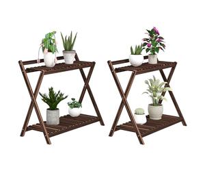 Outsunny Juego de 2 soportes para plantas de interior, 2 niveles, estantes de madera para plantas con soporte trasero, soporte para plantas de interior y exterior, para jardín, balcón, salón, marrón
