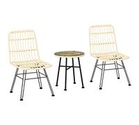 Outsunny - Juego de 3 piezas de mesa baja redonda de vidrio templado + 2 sillas, 2 cojines con cremallera desenfundables poliéster, resina trenzada PE, metal galvanizado, diámetro 45 x 50 cm, crema