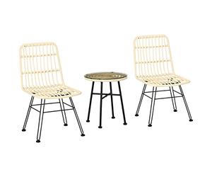 Outsunny - Juego de 3 piezas de mesa baja redonda de vidrio templado + 2 sillas, 2 cojines con cremallera desenfundables poliéster, resina trenzada PE, metal galvanizado, diámetro 45 x 50 cm, crema
