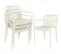Outsunny Juego de 4 sillas de jardín apilables para terraza con diseño de lamas y reposabrazos, ergonómicas, Blanco crema