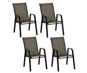 Outsunny Juego de 4 sillas de jardín apilables Que ahorran Espacio, sillas de Exterior con reposabrazos metálicos y Tejido Transpirable, marrón