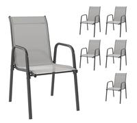 Outsunny Juego de 6 Sillas de Jardín Exterior Apilables, Sillas Terraza Exterior con Reposabrazos, Asiento y Respaldo de Malla Transpirable, Estructura Metálica Resistente, 51x69x87 cm, Gris Claro