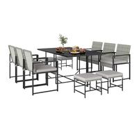 Outsunny Juego de mesa y sillas de jardín de ratán de 11 piezas, juego de comedor exterior con mesa de cristal templado, 6 sillas, 4 pufs, cojines lavables, estructura de acero, para patio o balcón