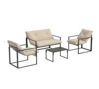 Outsunny Juego de Muebles de Jardín de 4 Piezas para 4 Personas con Sofá de 2 Plazas, 2 Sillones y 1 Mesa Baja, 3 Cojines, Muebles de Jardín para Terraza, Acero Negro, Poliéster Beige Negro