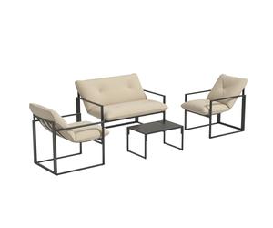 Outsunny Juego de Muebles de Jardín de 4 Piezas para 4 Personas con Sofá de 2 Plazas, 2 Sillones y 1 Mesa Baja, 3 Cojines, Muebles de Jardín para Terraza, Acero Negro, Poliéster Beige Negro