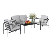 Outsunny Juego de salón de jardín de 4 piezas, juego de muebles de jardín de acero con sofá de 2 plazas, 2 sillones, mesa de cristal, cojines gruesos, cojines lumbares, salón de exterior, gris claro