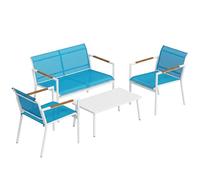 Outsunny Juego de salón de jardín de 4 piezas, juego de muebles de jardín de tela transpirable con sofá de 2 plazas, 2 sillones, mesa con tablero de metal, salón de exterior de metal para patio, azul