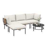 Outsunny Juego de salón de jardín de ratán, 5 piezas, salón de jardín exterior en forma de L con 3 sillas, reposapiés, mesa de cristal, cojines lavables, asiento profundo, de acero, para balcón, patio