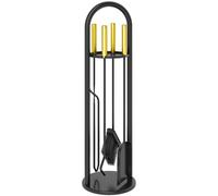 Outsunny Juego Utensilios Chimenea de 5 Piezas, Juego de Accesorios para Chimenea de Metal con Escoba, Pala, 1 Par de Tenazas, Atizador y Soporte, 20x20x71 cm, Negro y Dorado
