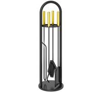Outsunny Juego de Utensilios para Chimenea de 5 Piezas de Metal con Escoba Pala Tenazas Atizador y Soporte 20x20x71 cm Negro y Dorado Aosom España