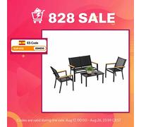 Outsunny Juego Jardín Exterior de 4 Piezas Tela Textilene Mesa de Cristal Negro Negro