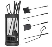 Outsunny Juego Utensilios Chimenea de 5 Piezas Metal Ø16x33,5 cm Negro | Juego de Accesorios para Chimenea, Escoba, Pala, Tenazas, Atizador y Soporte