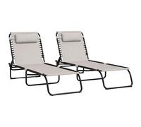 Outsunny Lote de 2 tumbonas Respaldo reclinable Plegable Multiposiciones Acero termoplástico Cordones elásticos Textilene Negro Crema