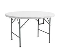 Outsunny mesa auxiliar redonda mesa de jardín plegable con marco de acero y encimera de hdpe carga 80 kg para interior y exterior ø122x73 cm blanco 122 cm