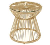Outsunny Mesa de Centro para Exteriores, Mesa Auxiliar Redonda de ratán de Polietileno con Tablero de Vidrio Templado, diseño de Tambor Hueco para jardín, balcón, Patio, Acabado de Madera Natural