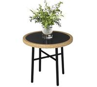 Outsunny - Mesa de centro redonda de jardín de resina con aspecto de ratán, acero y bandeja de cristal templado Ø 46 cm, mesa auxiliar para salón, balcón, piscina, natural