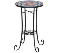Outsunny Mesa de jardín de mosaico, mesa redonda de 14 pulgadas para exteriores con estante, parte superior de azulejos de cerámica, mesa auxiliar de jardín pequeña, mesa auxiliar de bistró, mesa