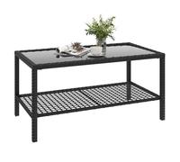 Outsunny Mesa de Jardín de Ratán, Mesita Auxiliar con Estante, Tablero de Vidrio Templado, Estructura de Acero, para Terraza, Patio, Balcón, 92x50x45 cm, Negro
