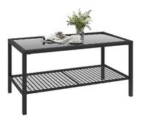 Outsunny Mesa de Jardín de Ratán, Mesita Auxiliar con Estante, Tablero de Vidrio Templado, Estructura de Acero, para Terraza, Patio, Balcón, 92x50x45 cm, Negro