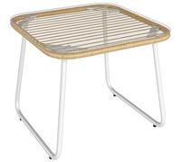 Outsunny Mesa de Jardín de Ratán Sintético con Encimera de Vidrio Templado y Patas Regulables Mesa Auxiliar para Exterior Patio Terraza Balcón Color Natural y Blanco