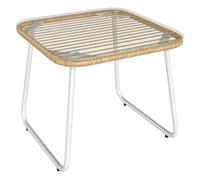 Outsunny Mesa de Jardín de Ratán Sintético Mesa para Exterior con Encimera de Vidrio Templado y Patas Ajustables Mesita Auxiliar para Patio Terraza Balcón Natural y Blanca