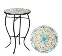 Outsunny Mesa de Jardín Redonda Mesa Auxiliar de Mosaico con Patas de Metal para Patio Terraza Exterior Balcón Ø35,5x53,5 cm Turquesa